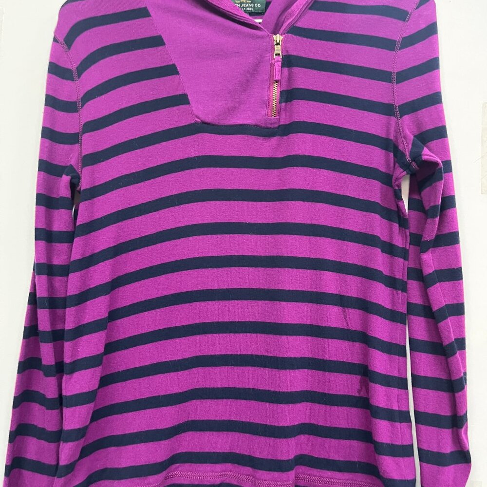 Lauren jeans co purple and navy pull over top. With zipper feature on front
